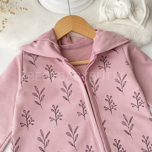 Çiçek Desenli Önden Fermuarlı Kapşonlu Tulum