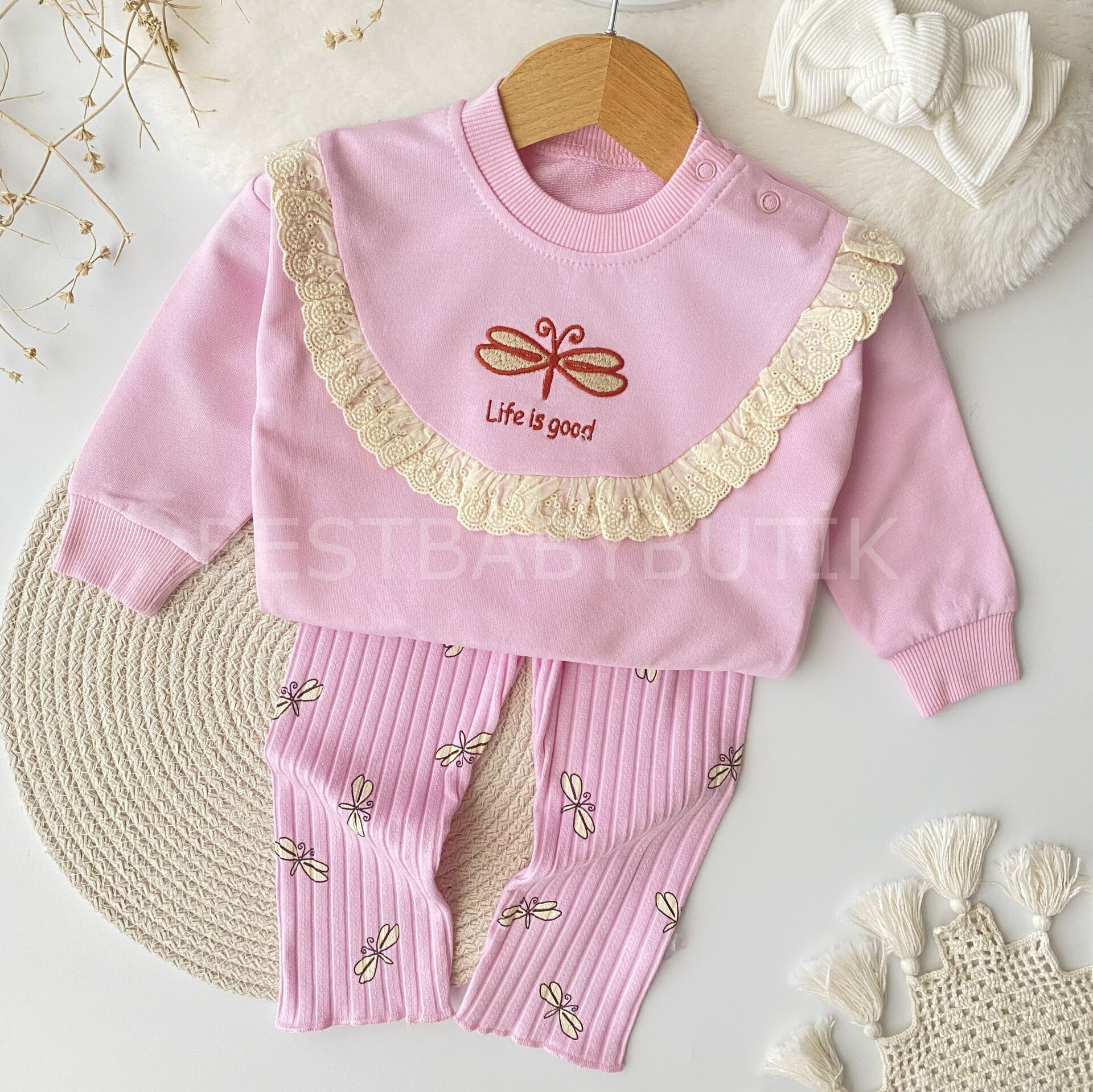 Kelebek Nakışlı Fisto Detaylı 2’Li Alt Üst Takım