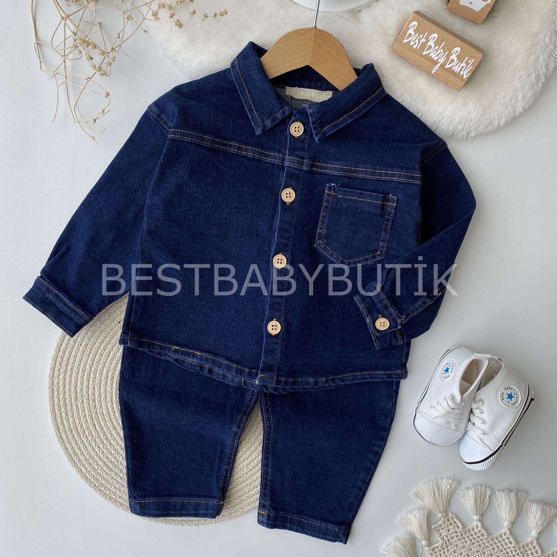 Kot Ahşap Düğmeli Oversize Rahat Kalıp Takım 18-24 AY