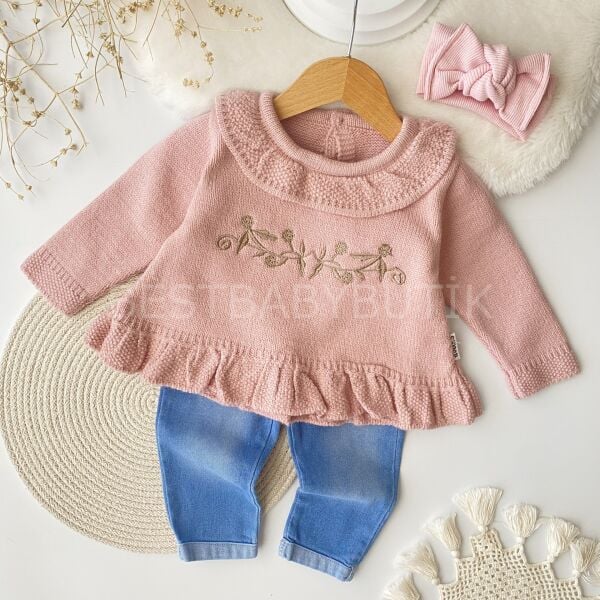 Çiçek Nakışlı Triko Kot Pantolonlu 2’Li Takım 6AY-6YAŞA KADAR