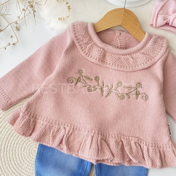 Çiçek Nakışlı Triko Kot Pantolonlu 2’Li Takım 6AY-6YAŞA KADAR