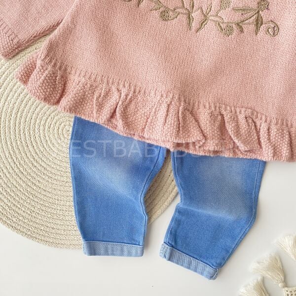 Çiçek Nakışlı Triko Kot Pantolonlu 2’Li Takım 6AY-6YAŞA KADAR