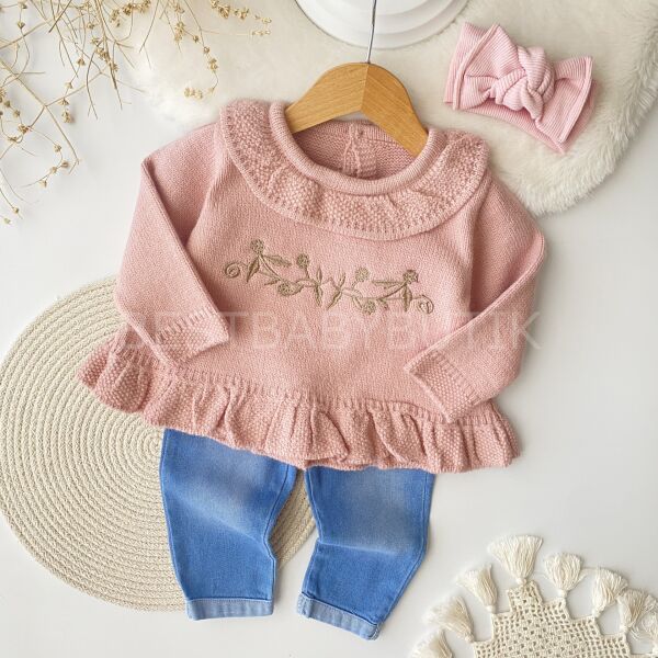 Çiçek Nakışlı Triko Kot Pantolonlu 2’Li Takım 6AY-6YAŞA KADAR