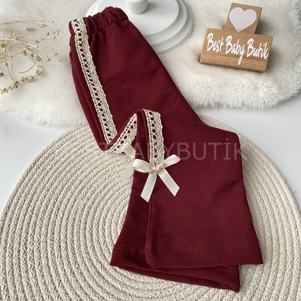 Bordo Kurdale ve Dantel Detaylı Bol Paça 2’Li Takım