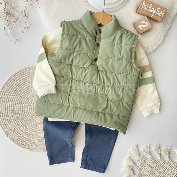 Yandan Fermuar Detaylı Şişme Yelekli Keten Pantolonlu 3’Lü Şık Takım