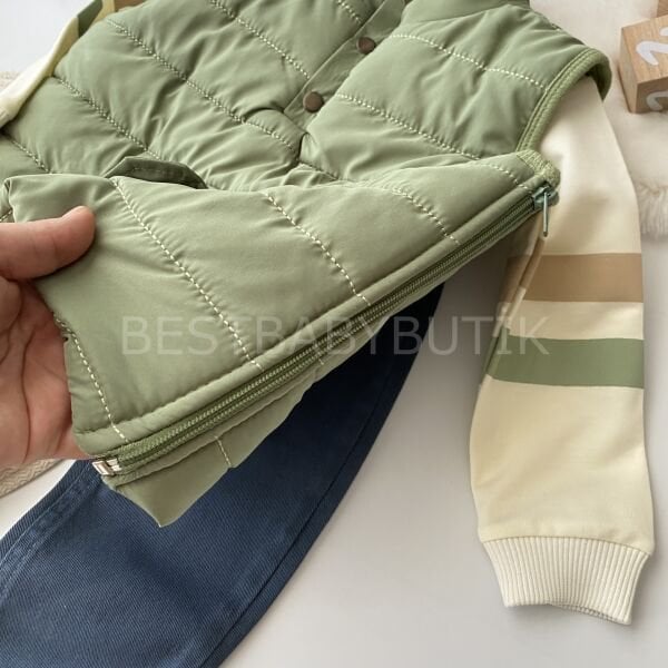 Yandan Fermuar Detaylı Şişme Yelekli Keten Pantolonlu 3’Lü Şık Takım