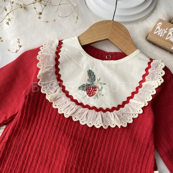 Çilek Nakışlı Bol Paça Müslin Takım 6-9 AY