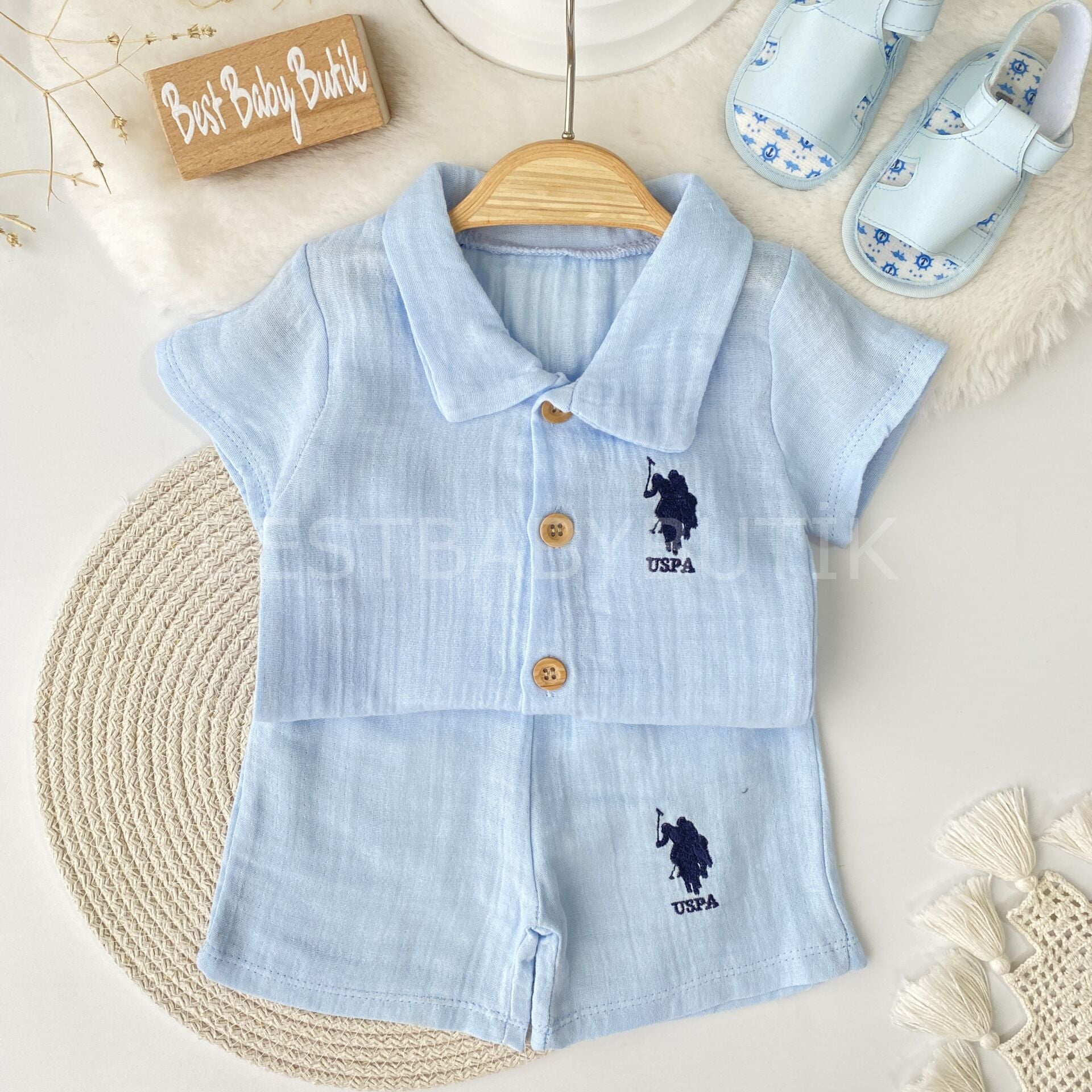 Nakışlı Polo Yaka Müslin Takım 12-18 AY