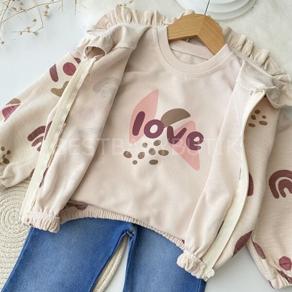 Desenli Kapşonlu İspanyol Paça Kot Pantolonlu 3’Lü Takım