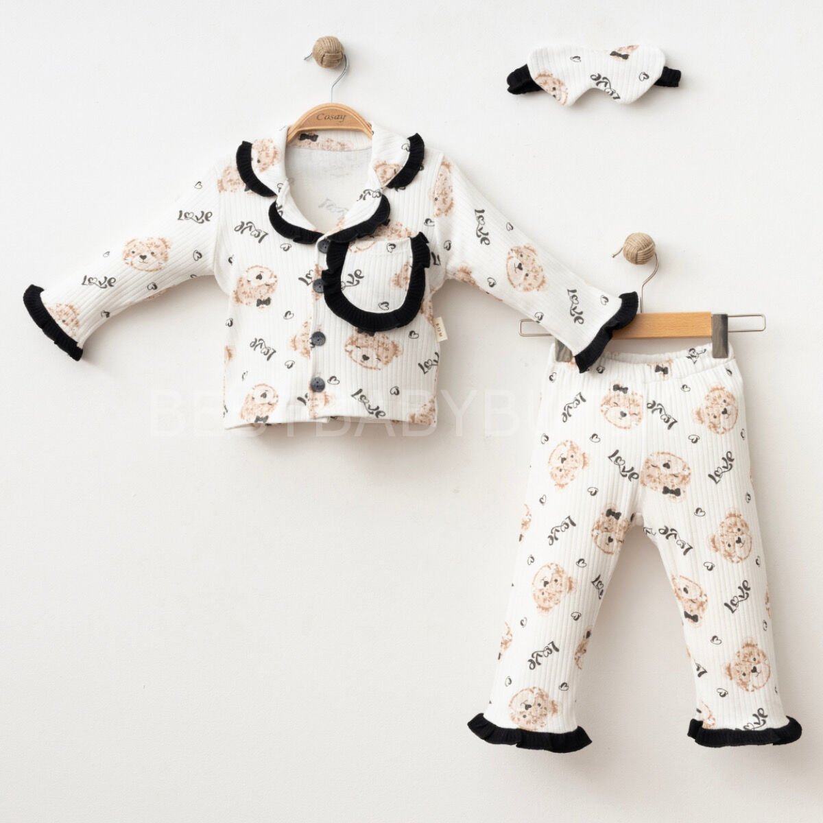 Ayıcıklı Göz Bantlı Fırfırlı Pijama Takımı