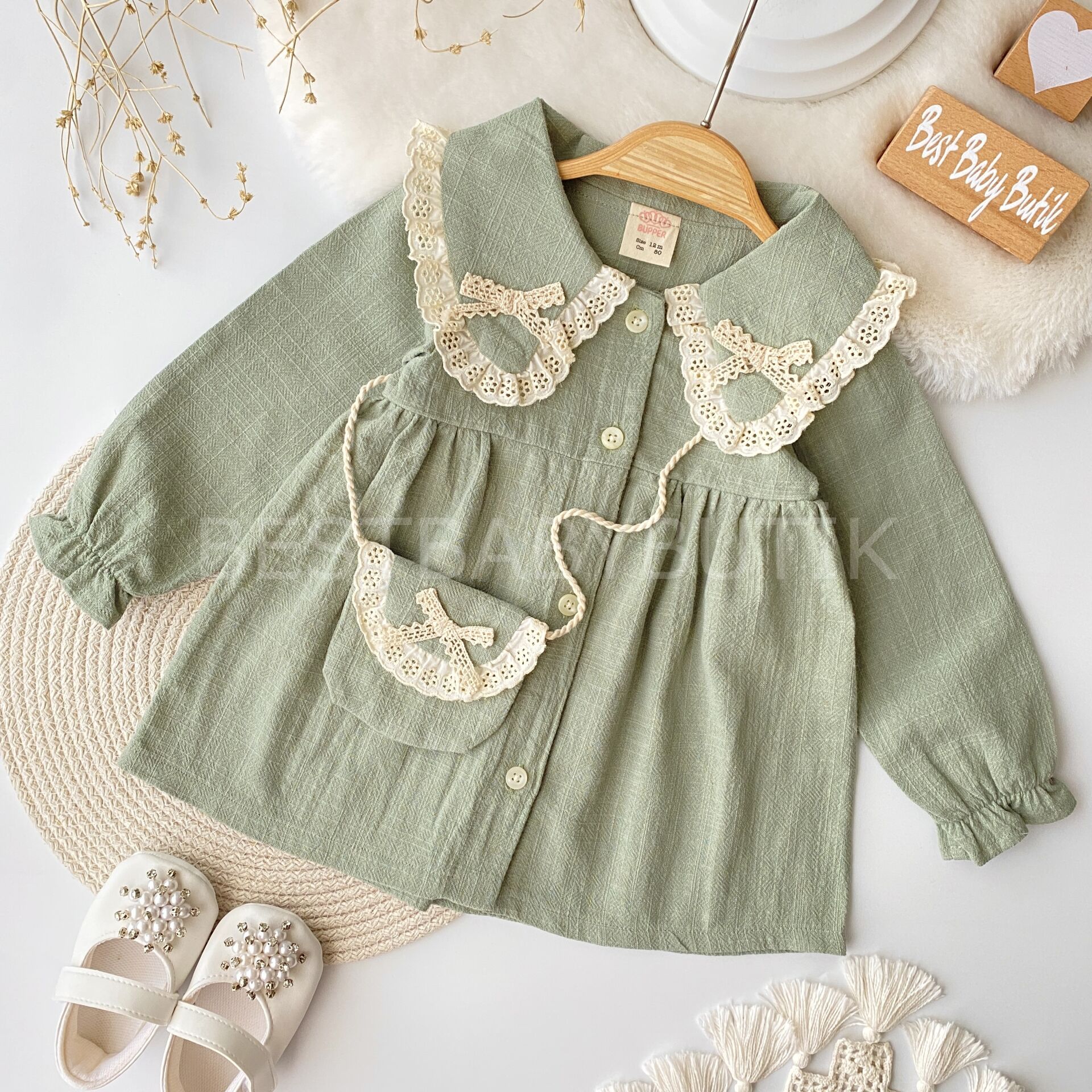 Fisto Yaka Nakışlı Çantalı Elbise 9-12 AY