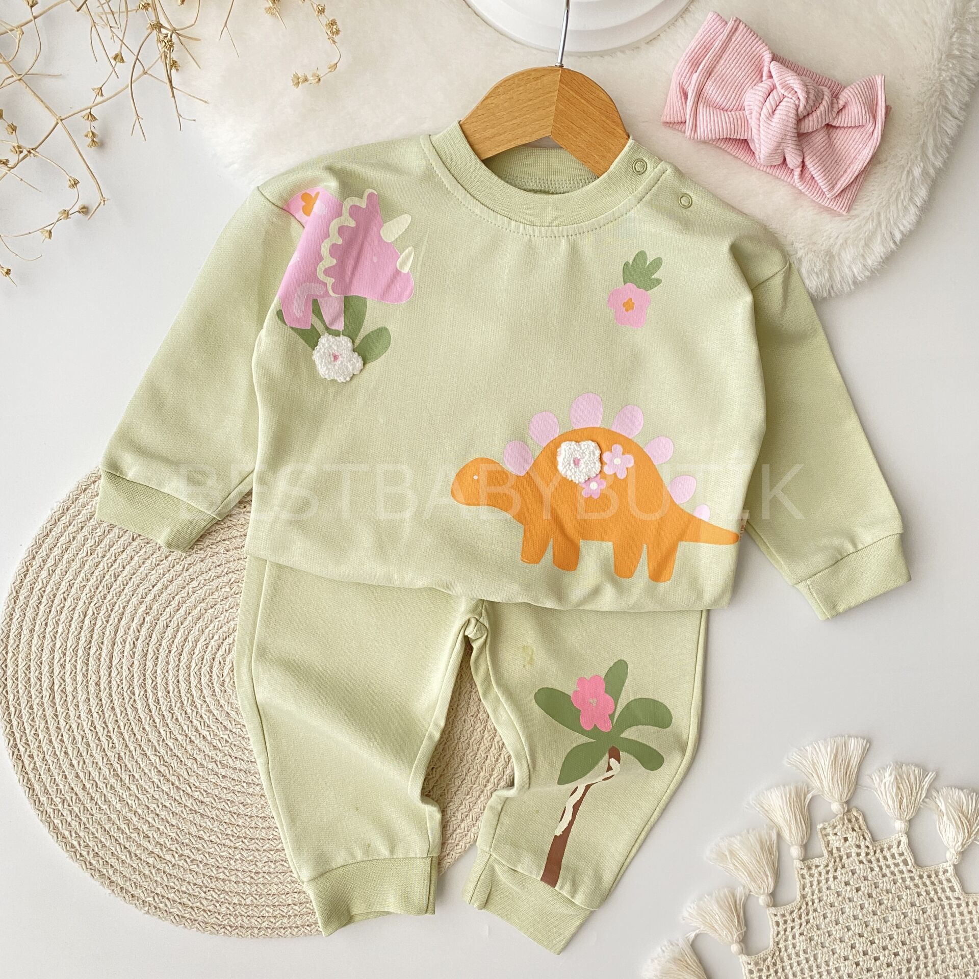 Dinozor ve Çiçek Baskılı %100 Pamuk 2’Li Takım