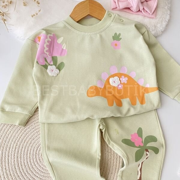 Dinozor ve Çiçek Baskılı %100 Pamuk 2’Li Takım