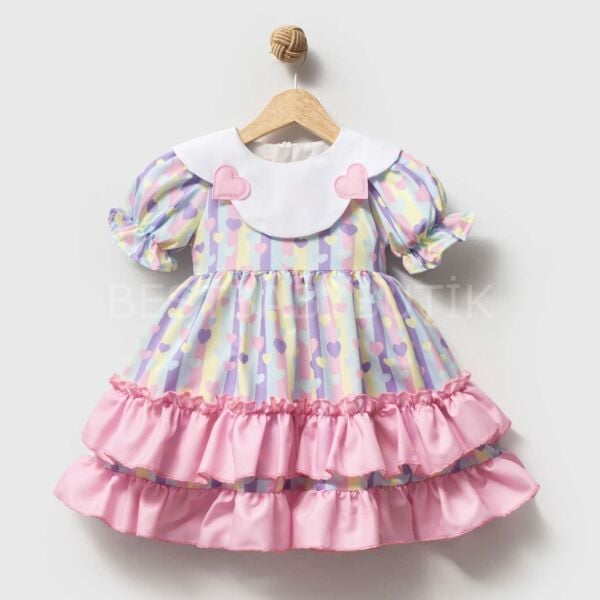 Bayrama Özel Kalp Yaka Detaylı Fırfırlı Elbise