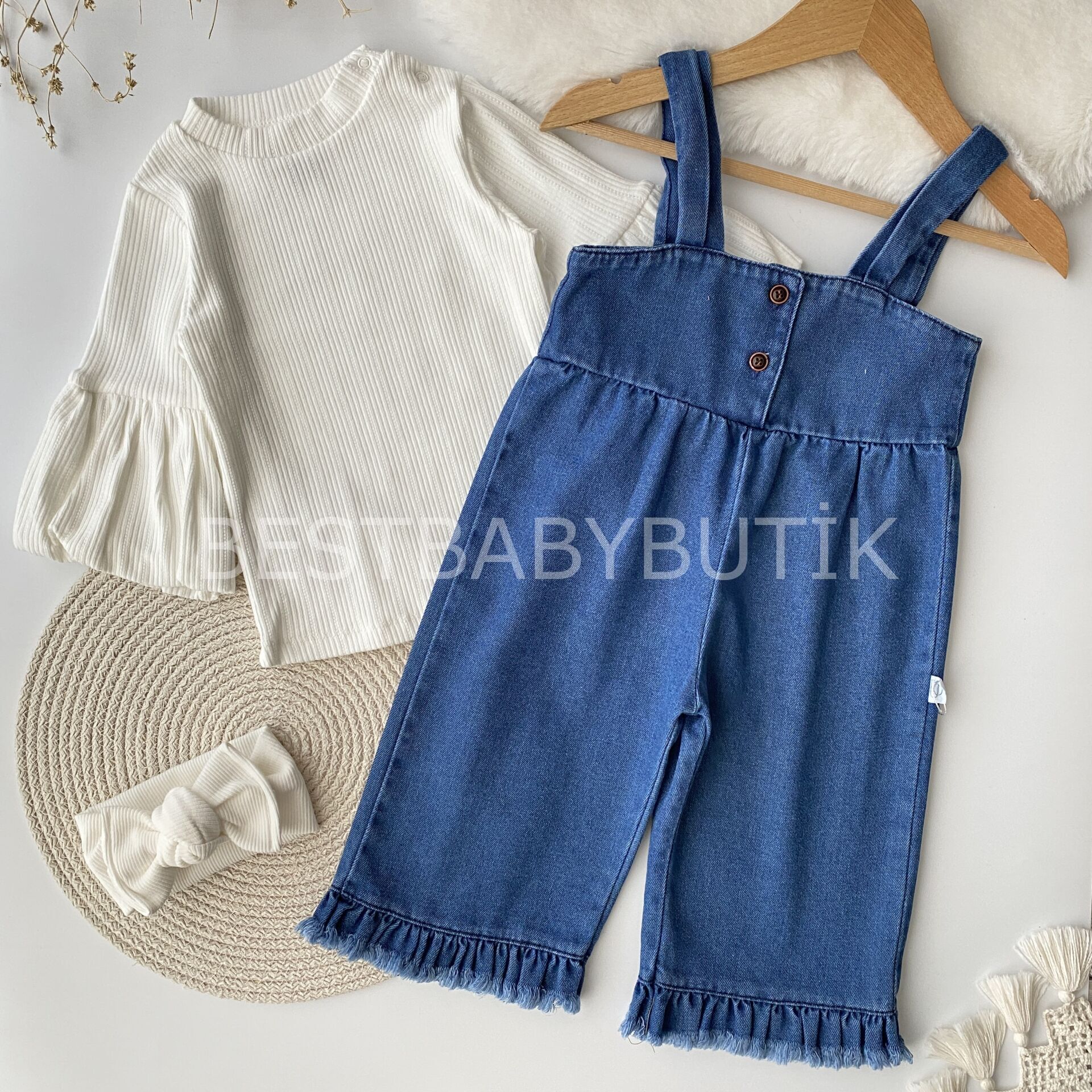 Premium Balon Kol Tişörtlü Bol Paça Kot Salopet 24-36 AY