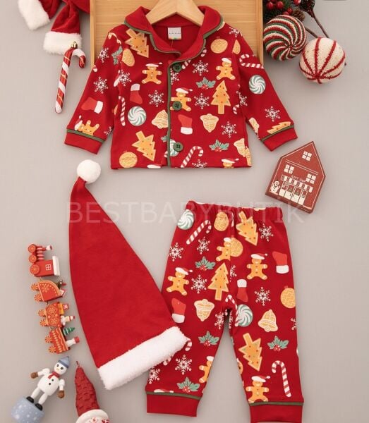 Kurabiye Baskılı Şapkalı Pijama Takımı