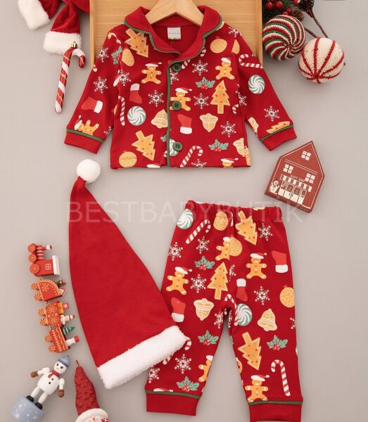 Kurabiye Baskılı Şapkalı Pijama Takımı 9-12 AY