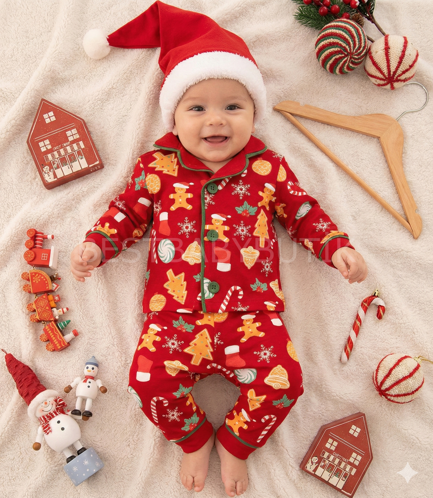 Kurabiye Baskılı Şapkalı Pijama Takımı