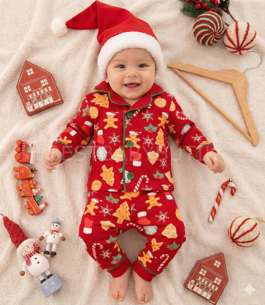 Kurabiye Baskılı Şapkalı Pijama Takımı