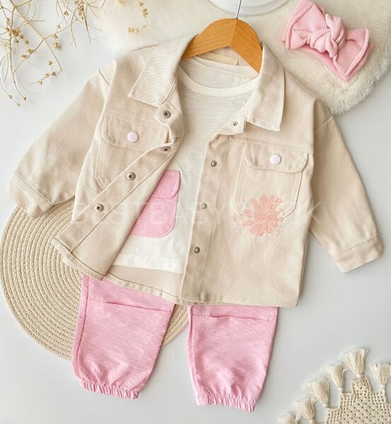 Çiçek Nakışlı Kot Ceketli Paraşüt Pantolonlu 3’Lü Takım (SIRT NAKIŞLI)