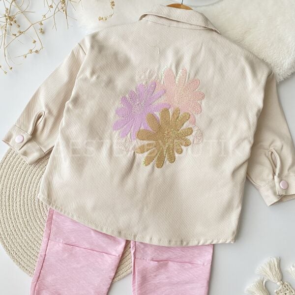 Çiçek Nakışlı Kot Ceketli Paraşüt Pantolonlu 3’Lü Takım (SIRT NAKIŞLI)