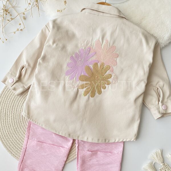 Çiçek Nakışlı Kot Ceketli Paraşüt Pantolonlu 3’Lü Takım (SIRT NAKIŞLI)