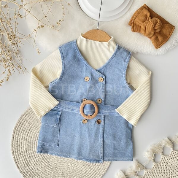 Ahşap Düğmeli ve Kemerli Badili Kot Elbise Jile