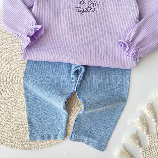 Çiçek Nakışlı Fırfır Yaka Kot Pantolonlu 2’Li Takım