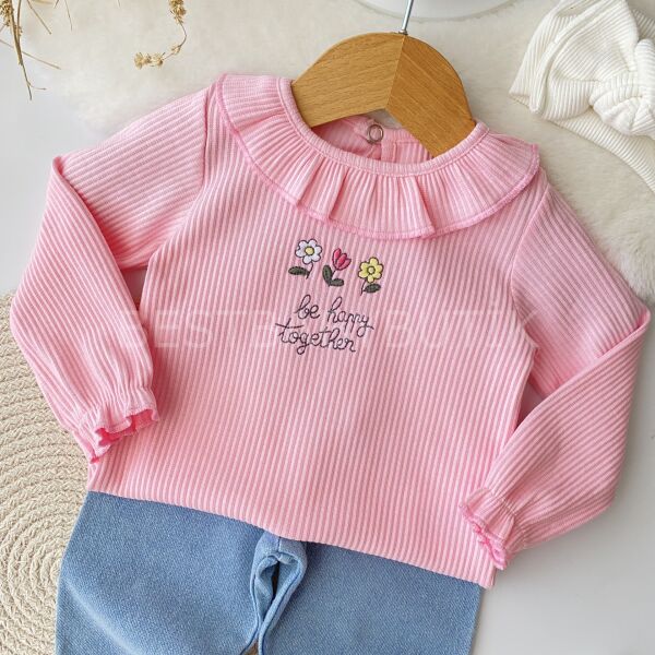 Çiçek Nakışlı Fırfır Yaka Kot Pantolonlu 2’Li Takım