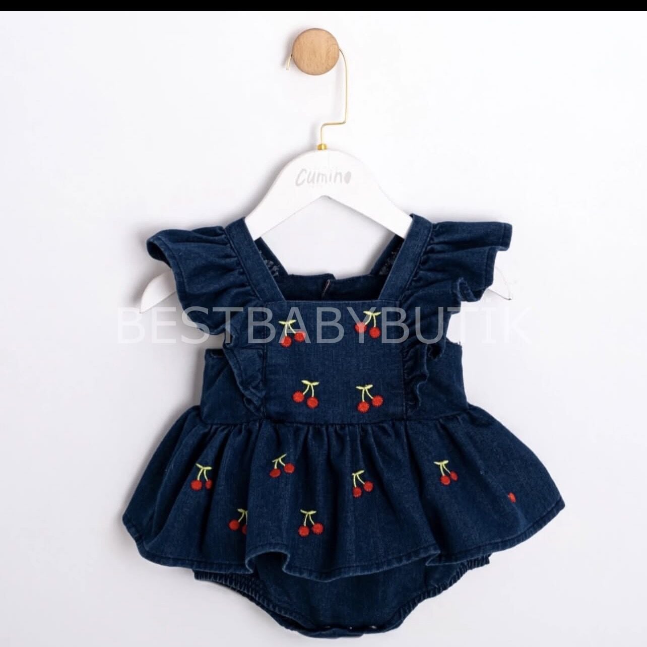 Premium Kiraz Nakışlı Fırfırlı Kot Romper ÖN SİPARİŞ