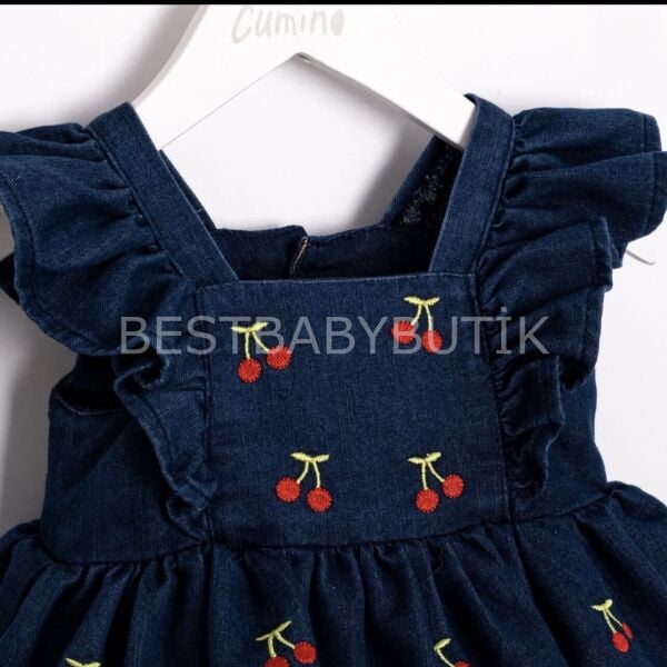 Premium Kiraz Nakışlı Fırfırlı Kot Romper 3-6 AY