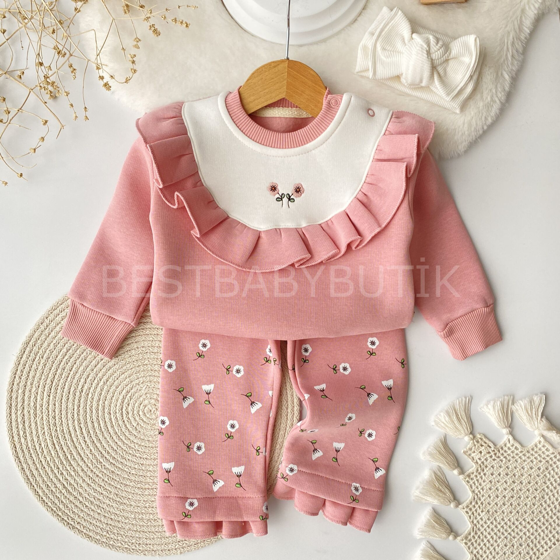 Çiçek Nakışlı Fırfırlı Şardonlu 2’Li Takım 6-9 AY