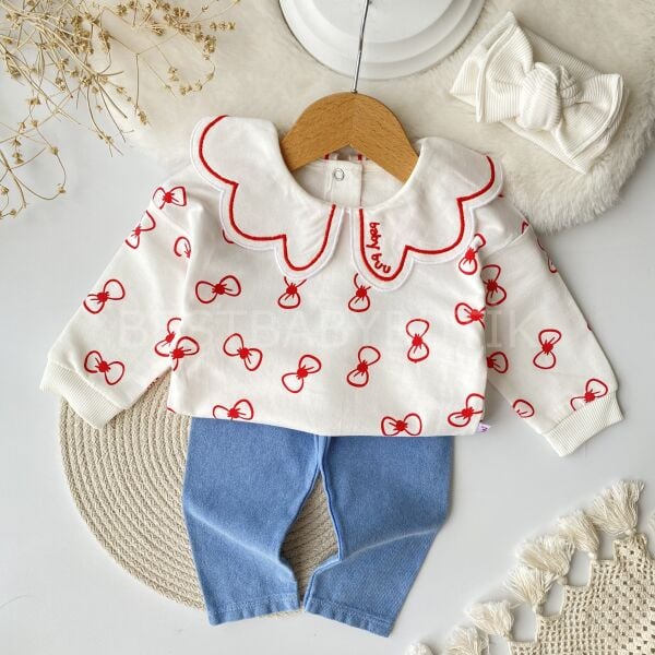 Babybuu Kurdale ve Çiçek Yaka Detaylı Kot Pantolonlu Takım