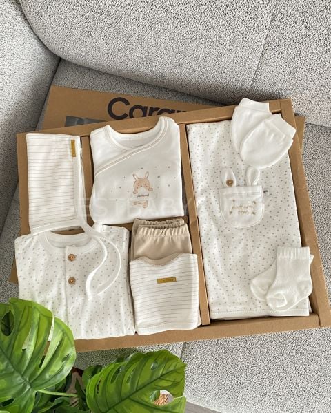 CARAMELL YILDIZ DETAYLI ORGANİK YENİDOĞAN 10 PARÇA HASTANE ÇIKIŞI SETİ