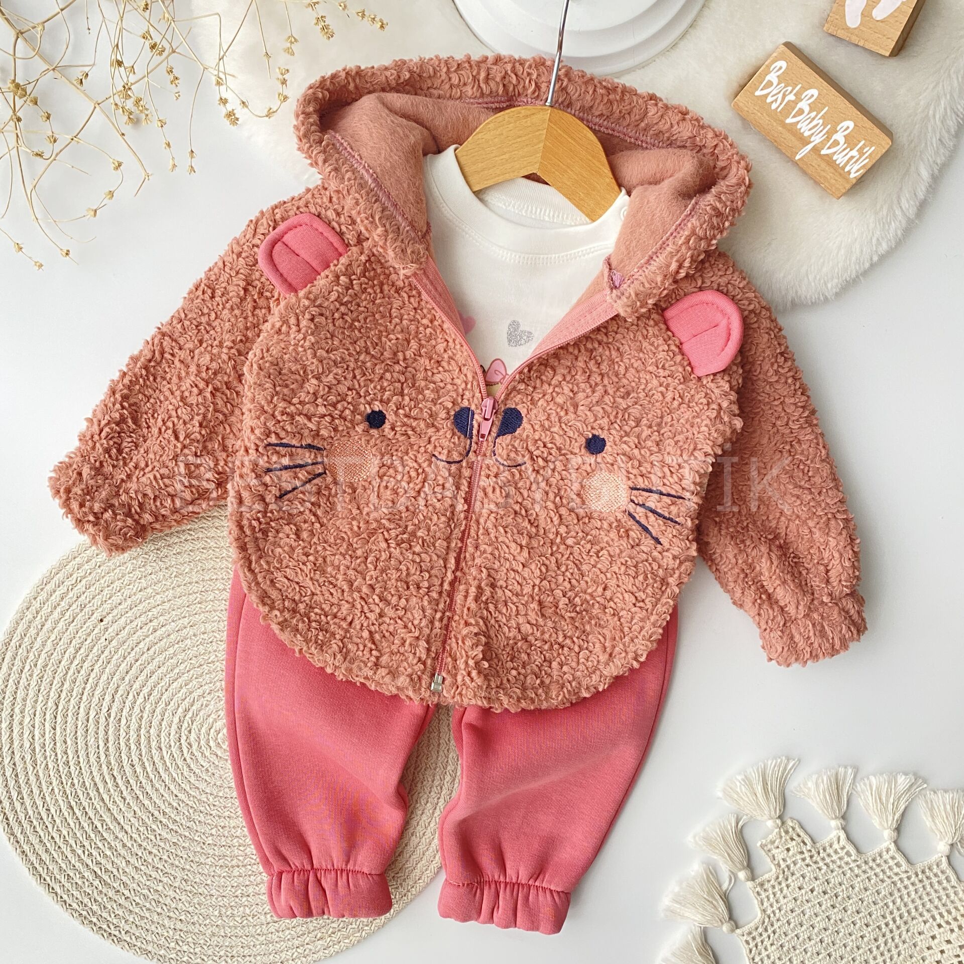 Sevimli Kedicikli Muffy Kapşonlu 3’Lü Takım