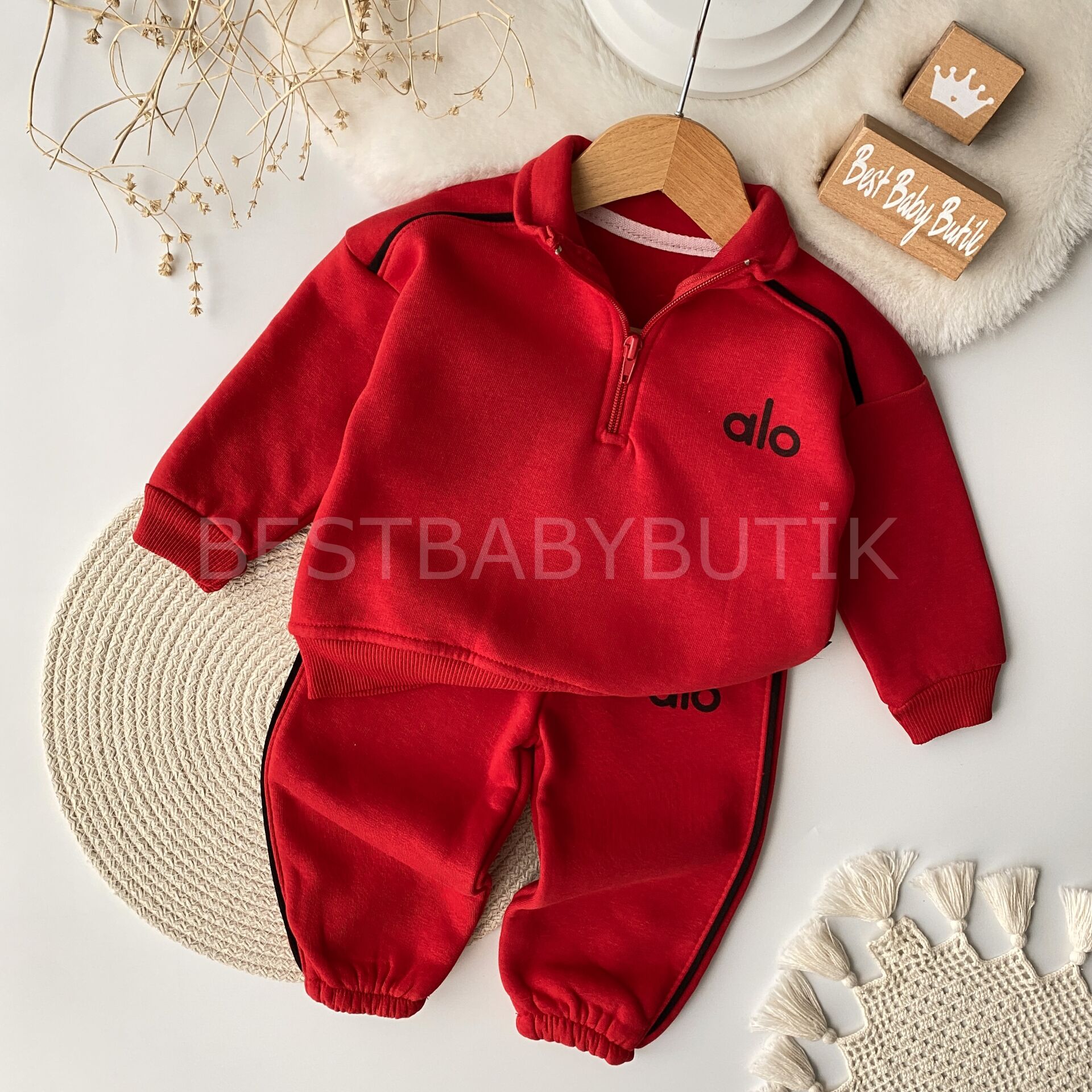 Alo Baskılı Önden Yarım Fermuarlı Şardonlu Eşofman Takımı