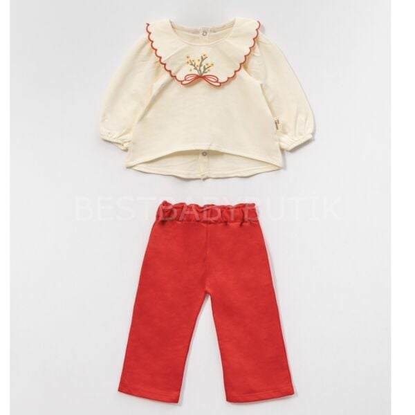 Meva Çiçekli Nakış Yaka Detaylı Bol Paça 2’li Takım