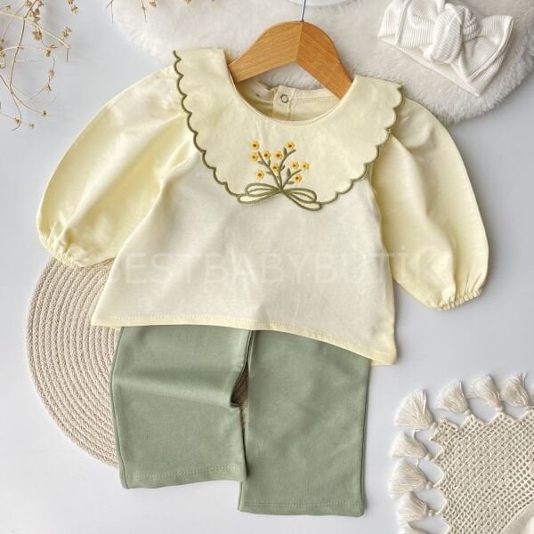 Meva Çiçekli Nakış Yaka Detaylı Bol Paça 2’li Takım