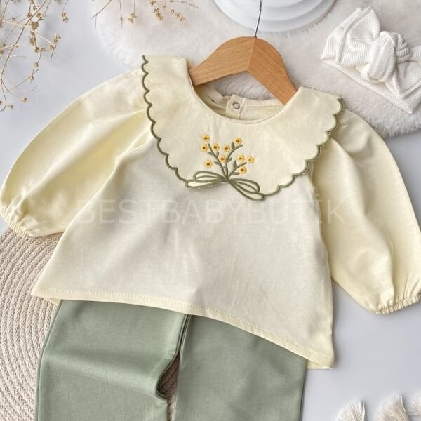 Meva Çiçekli Nakış Yaka Detaylı Bol Paça 2’li Takım