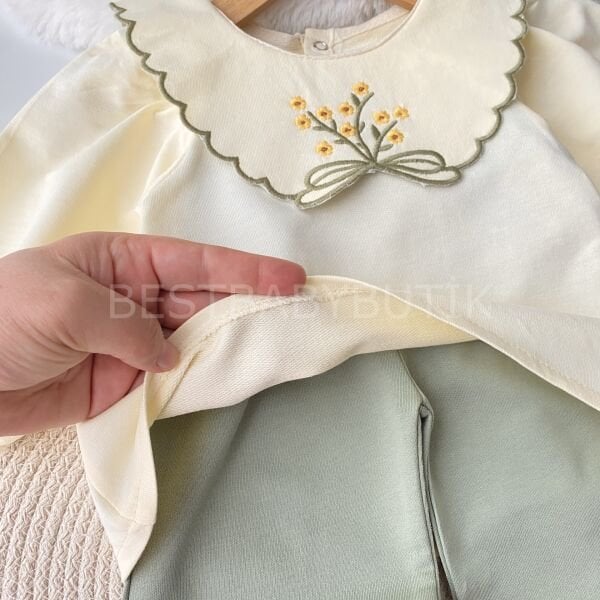 Meva Çiçekli Nakış Yaka Detaylı Bol Paça 2’li Takım