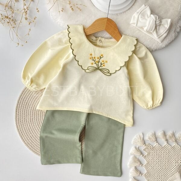 Meva Çiçekli Nakış Yaka Detaylı Bol Paça 2’li Takım