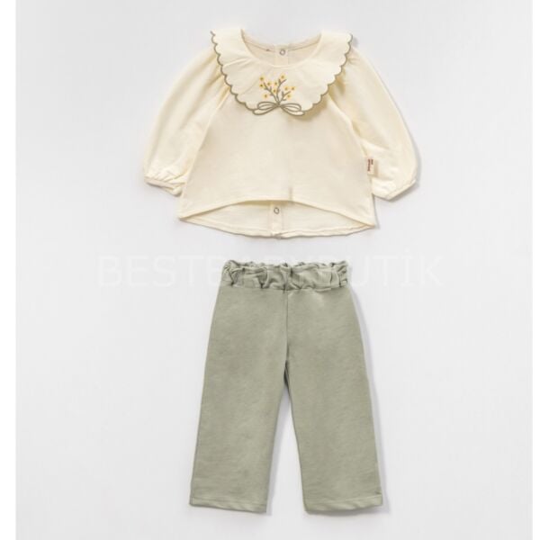 Meva Çiçekli Nakış Yaka Detaylı Bol Paça 2’li Takım