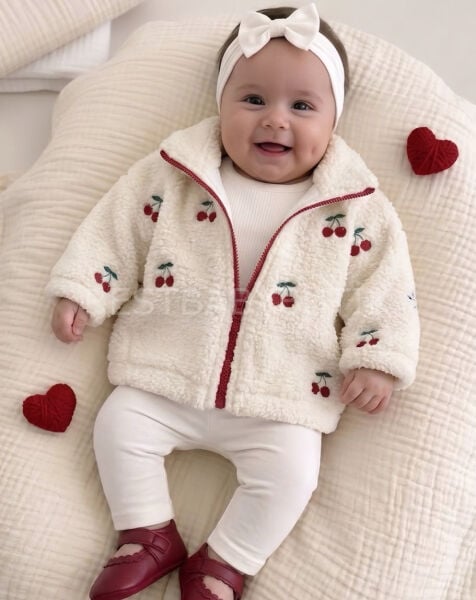 Kiraz Nakışlı Astarlı Peluş Mont 1 YAŞ