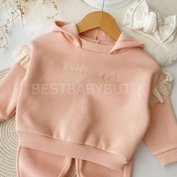 NAKIŞ VE KOL FİSTO DETAYLI KAPŞONLU ŞARDONLU 2’Li TAKIM