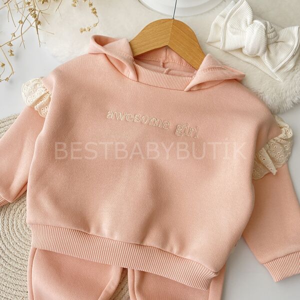 NAKIŞ VE KOL FİSTO DETAYLI KAPŞONLU ŞARDONLU 2’Li TAKIM 9-12 AY