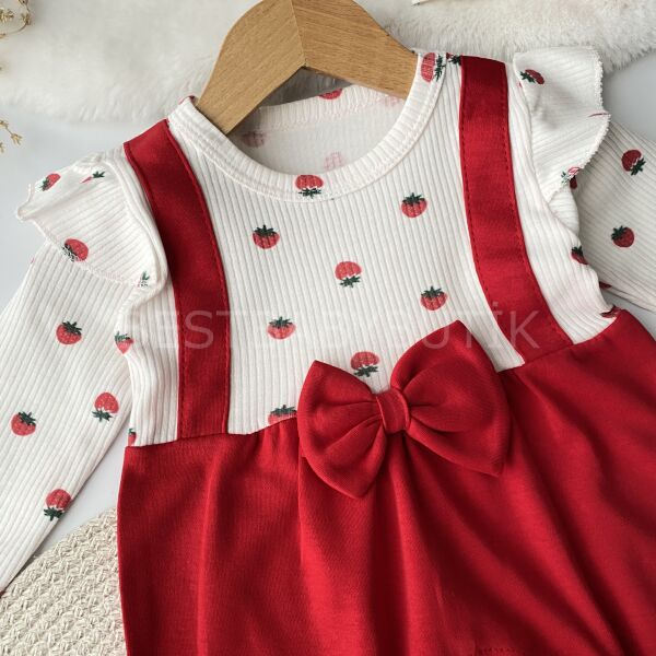 Çilek Detaylı Salopet Görünümlü Bandanalı Tulum