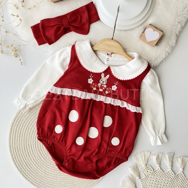 Minik Tavşan Nakışlı Sevimli Bandanalı Romper