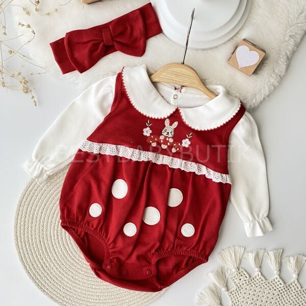 Minik Tavşan Nakışlı Sevimli Bandanalı Romper