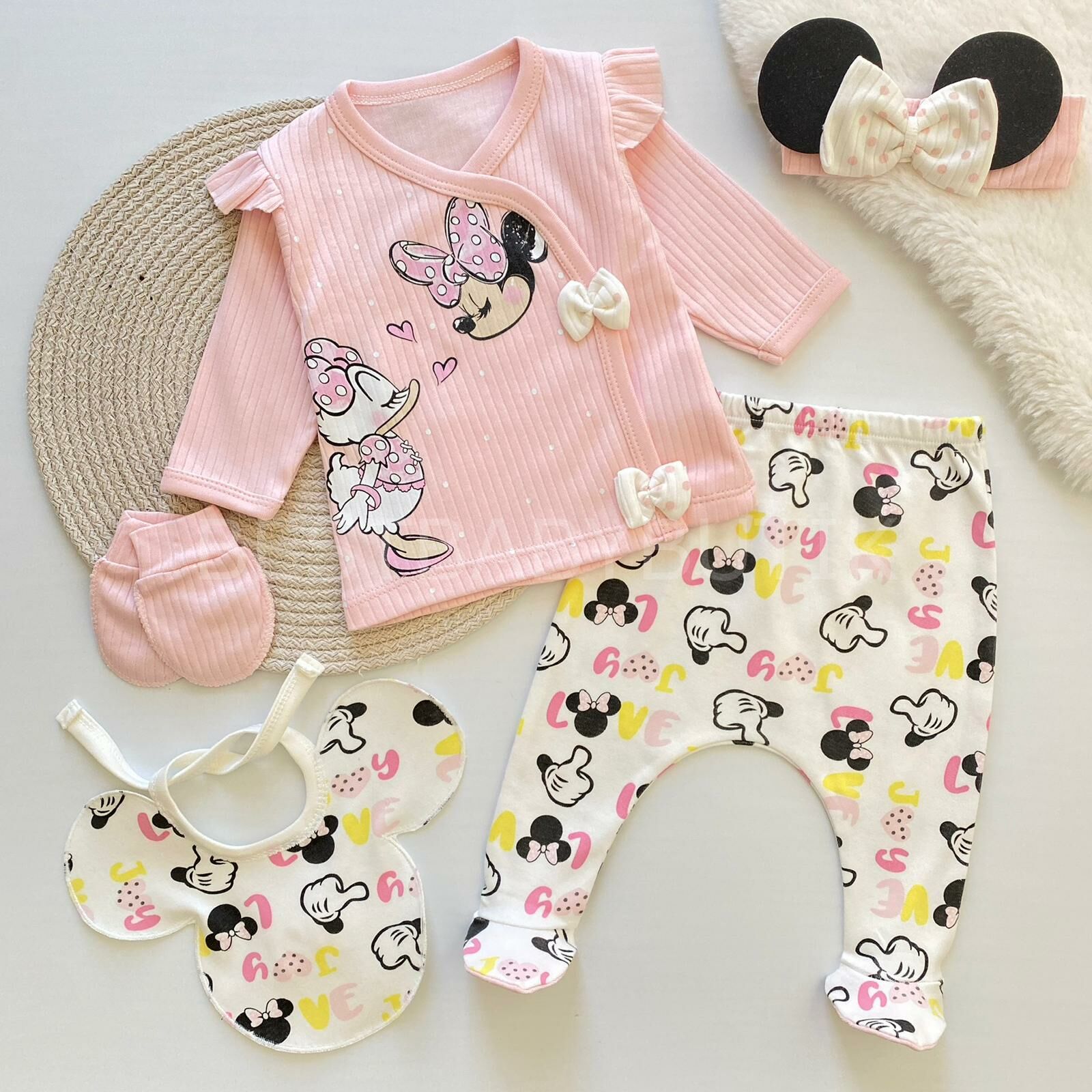 MİCKEY MAUSE BANDANA DETAYLI 5 PARÇA FİTİLLİ HASTANE ÇIKIŞI SETİ