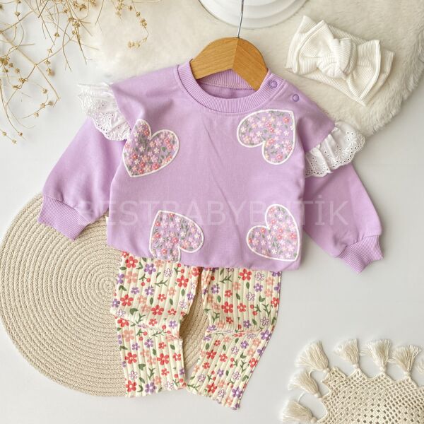 Çiçekli Kalpler Fisto Kol Detaylı 2’Li Takım